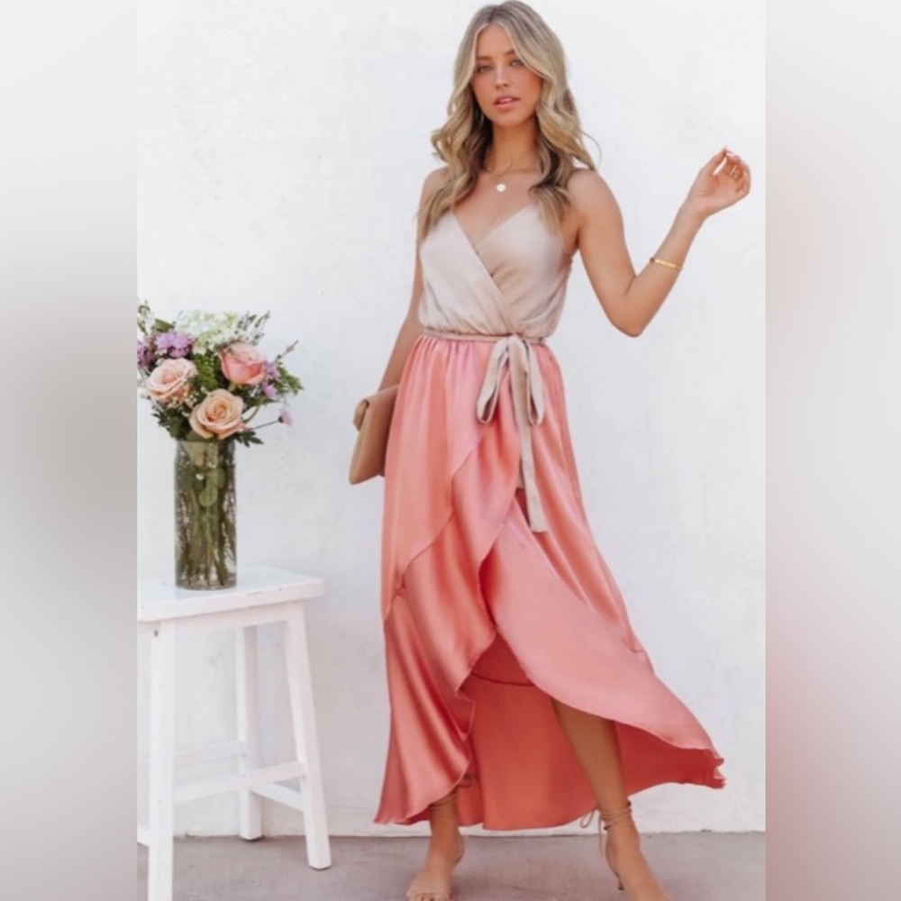 VICI Ansley Satin Colorblock High Low Maxi Dress - New, Size L